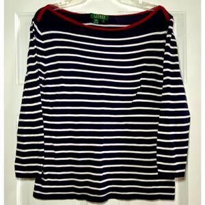 Lauren Ralph Lauren Nautical 3/4 Sleeve Sweater Navy White Red stripe Sz L